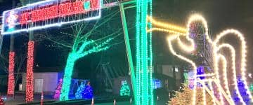 Lighted entry gate to Knobels Joy Through the Grove